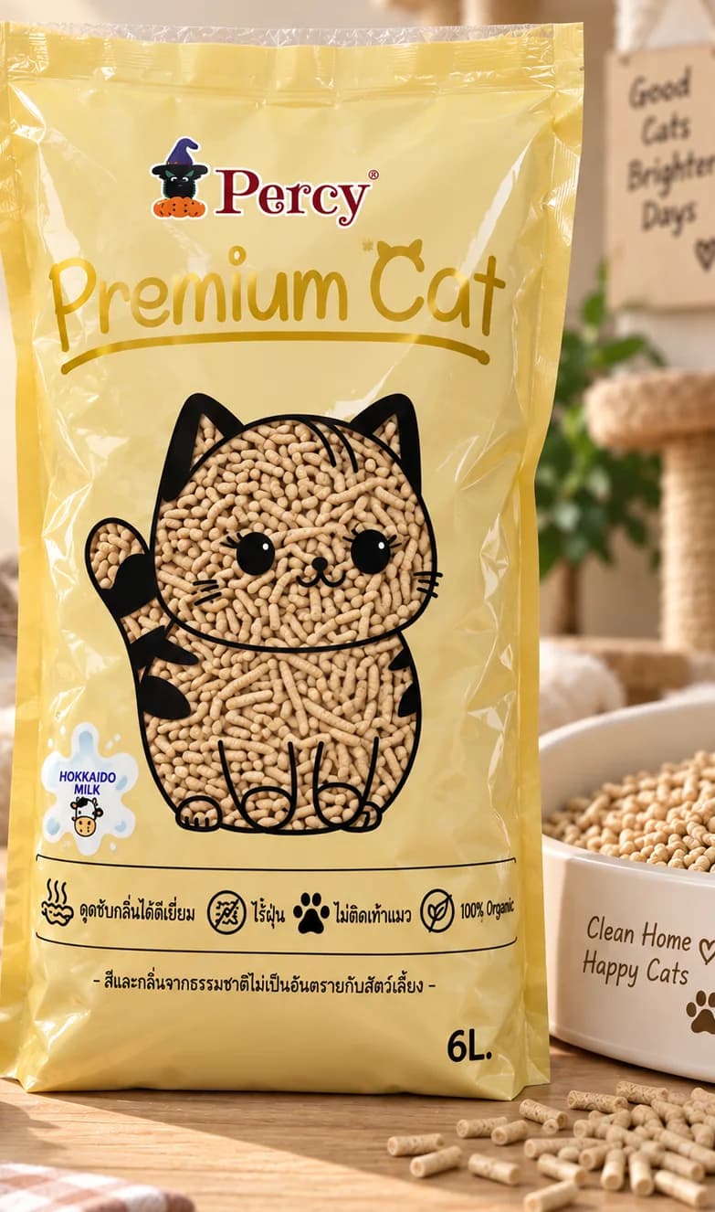 ถุง Percy Premium Cat กลิ่นนมฮอกไกโด วางบนโต๊ะไม้กับแมวนอนอยู่ด้านหลัง