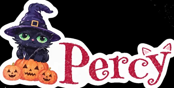 โลโก้ Percy — แมวดำใส่หมวกแม่มดกับฟักทอง
